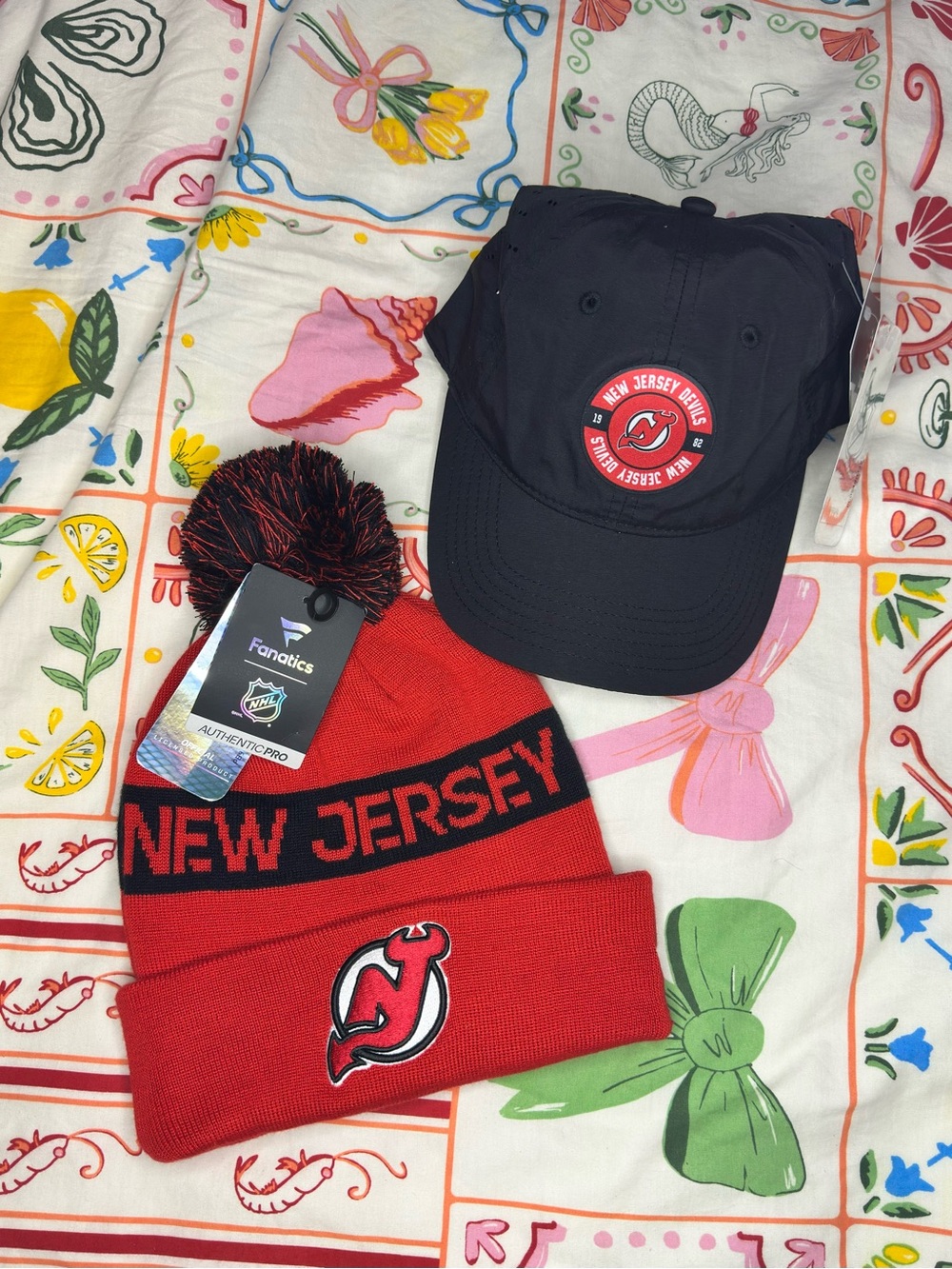 NHL New Jersey Devils Red & Black Beanie and Black Cap Set